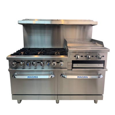 [60"] Cocina a gas de 06 hornillas, Plancha de 24", Gratinador y 02 hornos