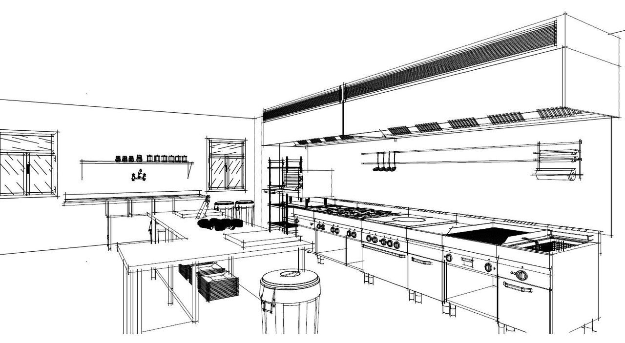 Boceto del layout de una cocina profesional con línea de cocción