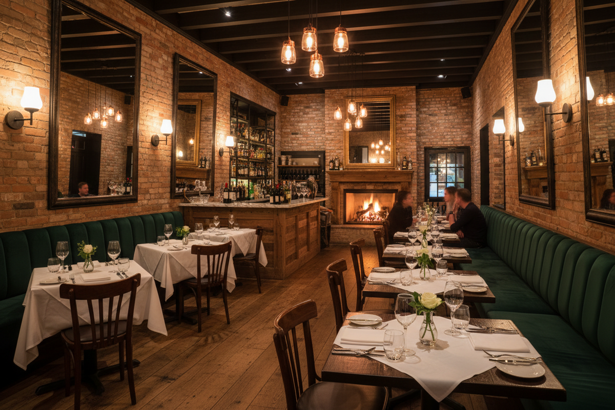 Salón de un restaurante con cocina profesional